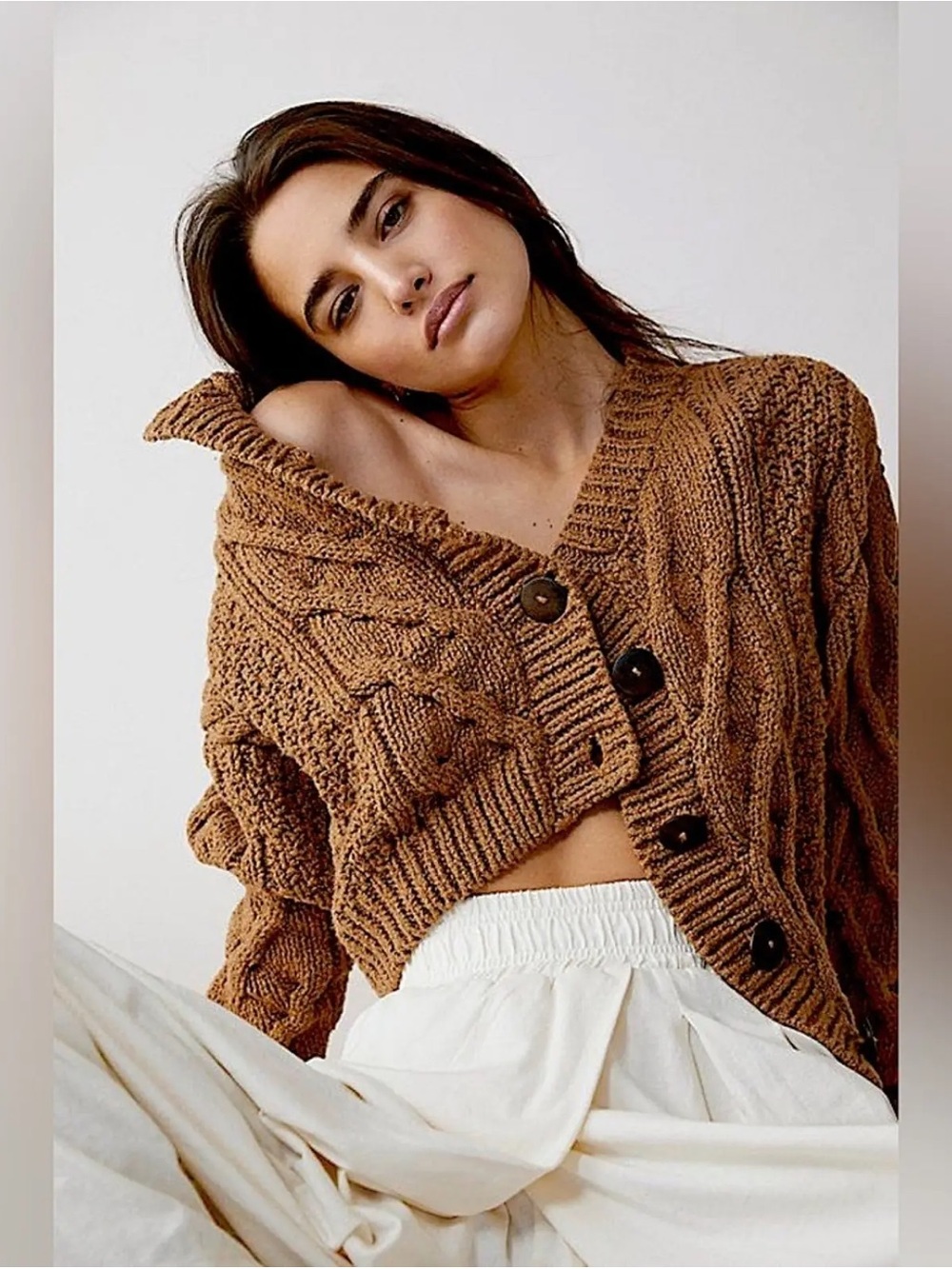 Free People Bonfire Cable Knit Cardigan Beaver Fur Brown Tan Chunky Sweater S - Picture 2 of 11
